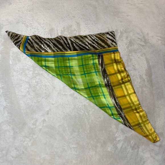 Symphony Vintage Square Scarf Green Yellow Plaid Zebra Print Satin Neckerchief - Picture 5 of 5